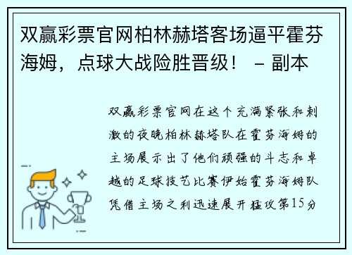 双赢彩票官网柏林赫塔客场逼平霍芬海姆，点球大战险胜晋级！ - 副本